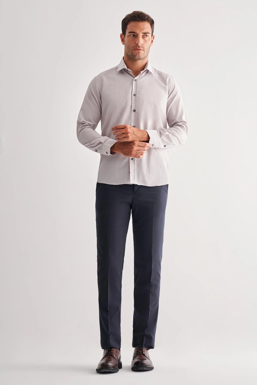 İmza Taş Rengi Yarım İtalyan Yaka Uzun Kol Easy To Iron Slim Fit Pamuklu Gömlek 1004255301 - Taş Rengi