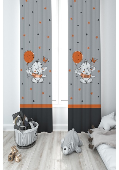 Mekta Home Bebek Ve Çocuk Odası Turncu Filli Balon Desenli 2 Kanat Fon Perde