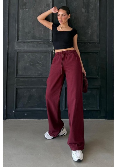Madmext Bordo Beli Büzgülü Wide Leg Kumaş Pantolon Mg1950 Bordo