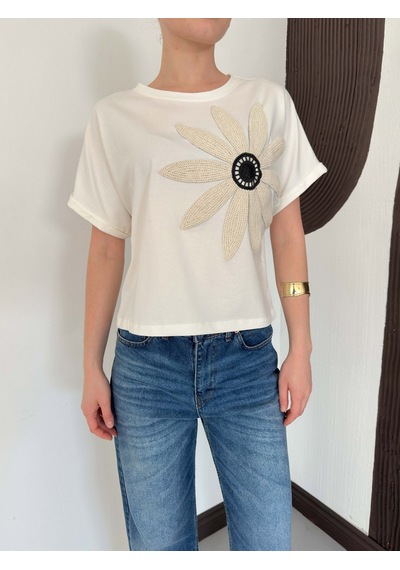 Verymoda Çiçek Detaylı Tişört D2910 Krem