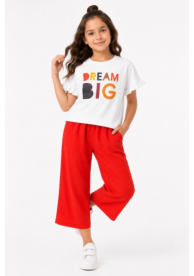Genel Markalar Luniva Butik Dream Big Baskılı Kız Çocuk Fırfır Kollu Tişört Ve Bol Paça Pantolon 2'li Takım Kırmızı