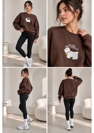 Bbbutikbasic Kadın Kuzu Nakışlı Bisiklet Yaka 3 İplik Sweatshirt My3535 Kahverengi