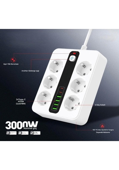 6'lı Grup Priz 4xusb 2xtype-c Çıkışlı Isıya Dayanıklı Power Tuşlu 2 Mt Kablolu Priz Çoğaltıcı Standart
