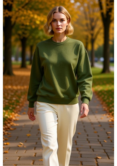 Benerly Kadın Bisiklet Yaka Düşük Kol Regular Kalıp Örme Sweatshirt Fonks Haki