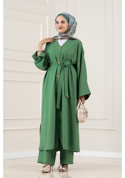 Sevitli Düğmeli Davin Abaya İkili Takım-yeşil-5878