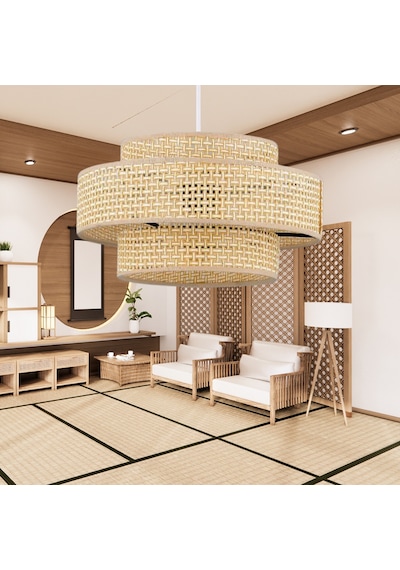 Otantik Trio Metal Kasalı Hasır Kaplama Rattan Salon Avize Üç Katlı Pasta Yatak Odası Sarkıt Hasır