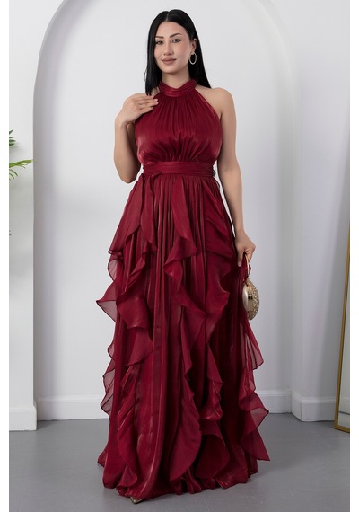 Kalopya Halter Yaka Eteği Fırfırlı Saten Elbise Eli6073 Bordo