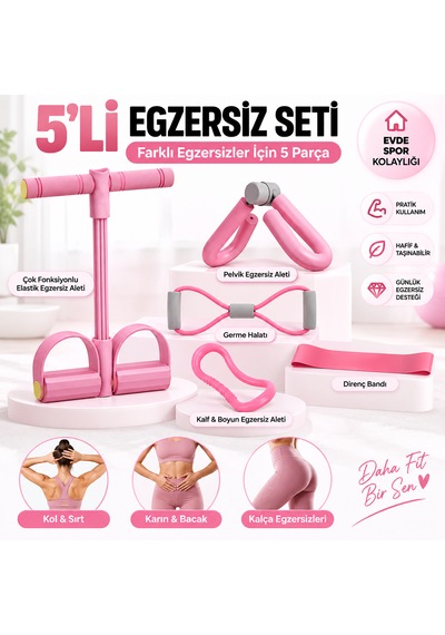 5'li Yoga Pilates Egzersiz Seti Direnç Bandı Elastik Evde Spor Aletleri Pembe