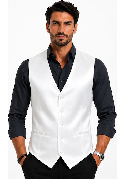 Mentor Regalo Erkek Yelek V Yaka Beyaz Saten Damatlık İçin Uygun 50310