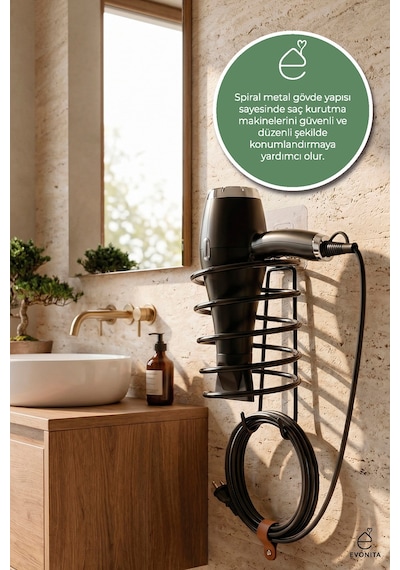 Yapışkanlı Saç Kurutma Makinesi Askısı Mat Siyah Metal Fönlük Delmeden Montaj Banyo Organizer