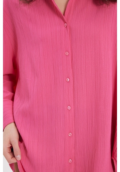 Tudors Kadın Oversize Geniş Kesim Bürümcük Pens Detaylı Uzun Kollu Dokulu Pembe Gömlek-38810 Pembe