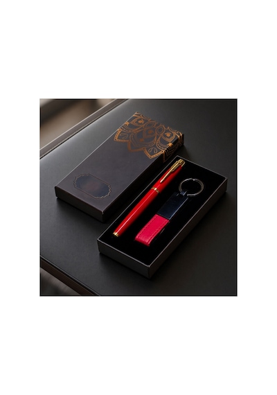 5 Adet Kutulu Kırmızı Anahtarlık Ve Kalem Seti Kişiye Özel Hediyelik, Deri Ve Metal Anahtarlık, Metal Roller Kalem, Keychain Pen