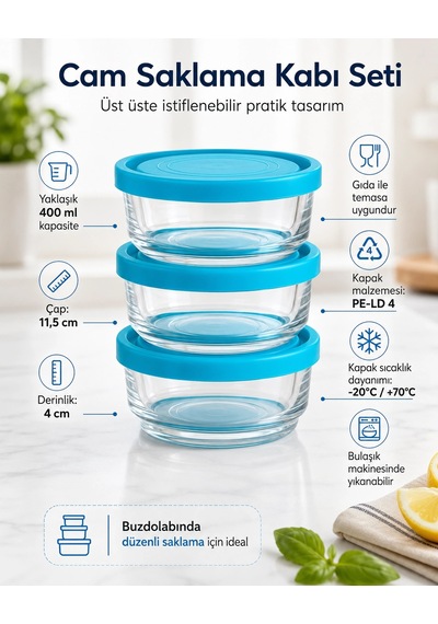 3'lü Cam Saklama Kabı Seti - 400ml X 3 Çok Renkli