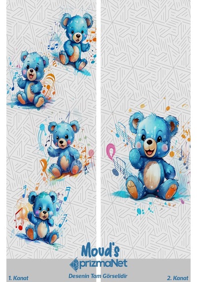 Mavi Ayıcık Desenli Baskılı Çocuk Ve Bebek Odası Fon Perdesi 2 Kanat - Prd-02 Çok Renkli