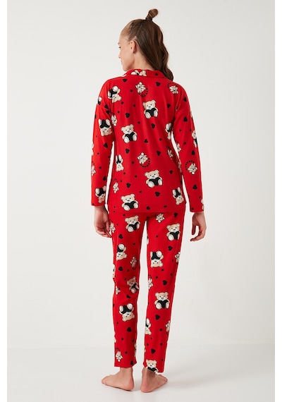 Lela Streç Standart Fit Desenli Bayan Pijama Takımı 60956602 Kırmızı