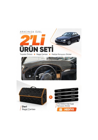 Kia Shuma 1995-2003 Uyumlu Torpido Örtüsü + Deri Bagaj Çantası + Sticker Seti - Siyah Kahverengi