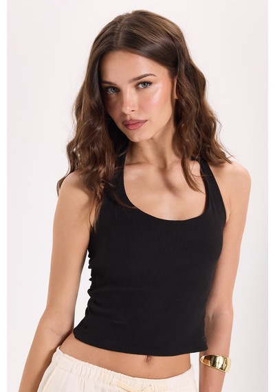 Tudors Kadın Slim Fit Dar Kesim Pamuklu Halter Yaka Kaşkorse Siyah Crop-50709