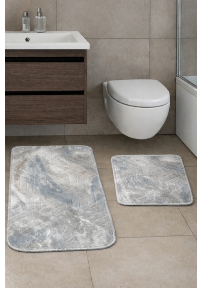 Kaymaz Tabanlı 2 Li Banyo Paspas Seti Yıkanabilir, Su Emici, Toz & Leke Tutmaz Oval Klozet Takımı Kahverengi - Siyah