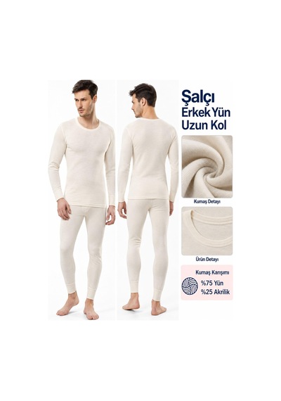 Şalcı Şalçı Safyün Erkek %75 Yün Uzun Don Ve Uzun Kol Fanila İçlik Set - 1 Set Ekru