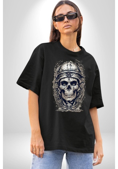 Kask Miğfer İskelet Asker Pamuklu Bisiklet Yaka Unisex Oversize Boyfriend Dijital Baskılı Siyah T-shirt Siyah