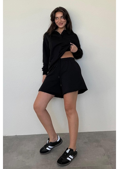 Madmext Siyah Polo Yaka Kadın Şort Sweatshirt Takım Mg2375