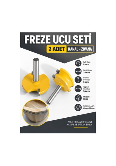 2'li Kanal Geçmeli Birleşim Freze Ucu Seti 38 Mm 8 Mm Şaft Ahşap Birleştirme