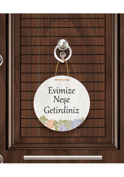 Evimize Neşe Getirdiniz" Yazılı Mdf Kapı Süsü 22.5 Cm Dekoratif Halat Askılı Giriş Dekoru Mavi