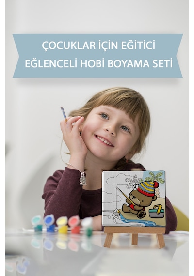 Sevimli Balık Tutan Ayı Çocuk Eğitici Tuval Boyama Hobi Seti