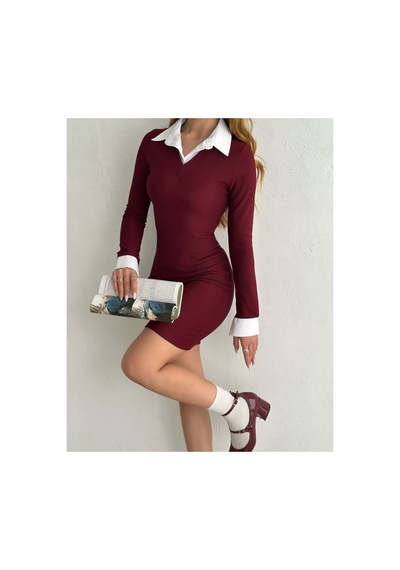 Asur Boutique Asur Butik Kadın Gömlek Yaka Ottoman Kumaş Mini Elbise 1 Beden Büyük Alınız Bordo
