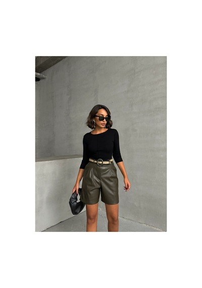 Verymoda Kemerli Deri Şort F1497 Haki