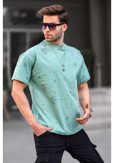 Madmext Mint Yeşili Bisiklet Yaka Baskılı Erkek Tişört 6093 Mint Yeşili