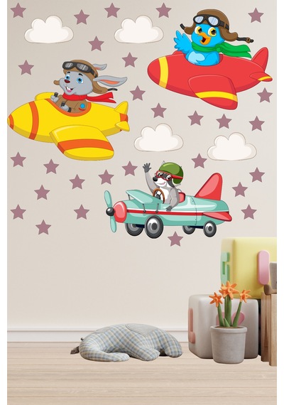 Sevimli Pilot Hayvanlar ve Yıldızlar Çocuk Odası Duvar Sticker