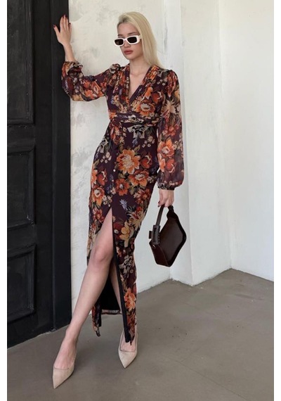 Madmext Kahverengi Çiçekli Düğme Detaylı Kadın Elbise Mg2314 Kahverengi