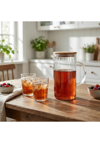 1000 Ml Bambu Kapaklı Borosilikat Cam Yağlık Ve Sürahi - Isıya Dayanıklı Çizgili Line Desenli Modern Meşrubat Ve Su Karafı 9x17 Cm Çok Renkli