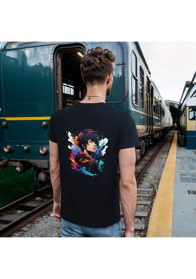 Splash Anime T-shirt %100 Pamuklu Siyah Penye Basic Erkek Tişört Siyah