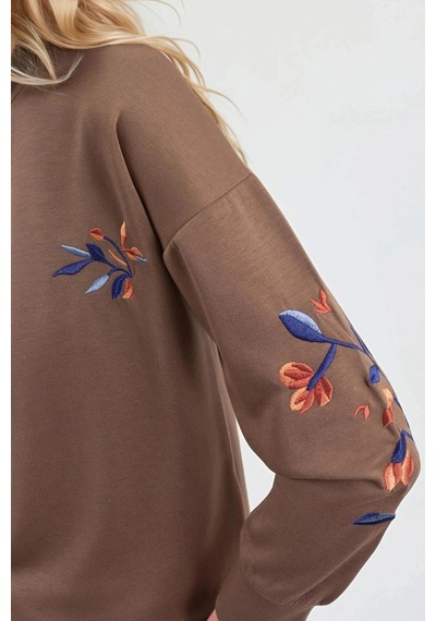 Fiolin Modal Dokulu İşlemeli Bisiklet Yaka Sweatshirt Kahve Rengi