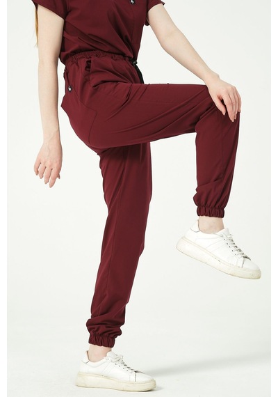 Bordo Likralı Jogger Paça Doktor Hemşire Forması Tek Alt Unisex