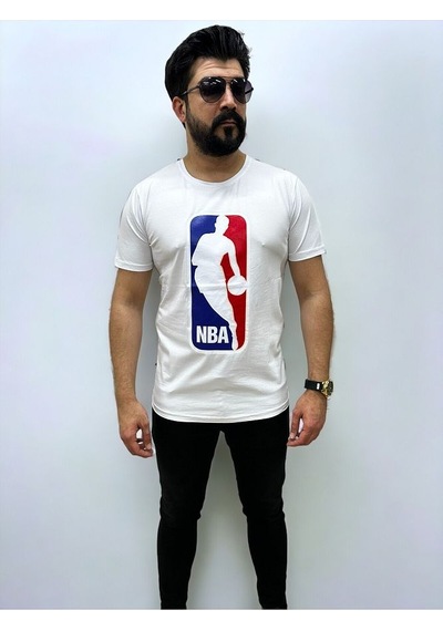 Bisiklet Yaka Erkek Baskılı T-shirt Beyaz