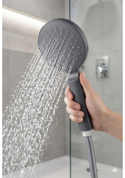 Smartizi Büyük Yuvarlak El Duş Başlığı Mat Gri - Kireç Karşıtı Silikon Nozullu Modern Banyo B