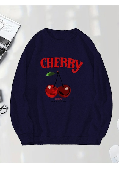 Uyguntarz Unisex Happycherry Tasarım Basklı Sweatshirt Lacivert
