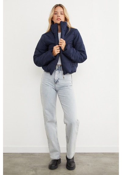 Fullamoda Beli Lastikli Crop Şişme Mont Lacivert