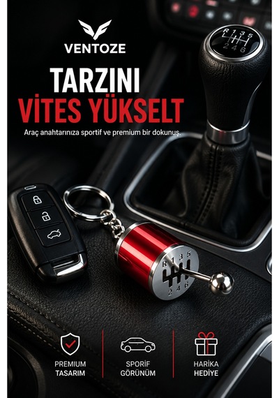 Hareketli Vites Topuzu Tasarımlı Metal Anahtarlık 6 İleri R Oto Aksesuar Kırmızı Metal
