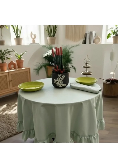Premium Keten Adaçayı Yeşil Fırfırlı Yuvarlak Masa Örtüsü Adaçayı Yeşili