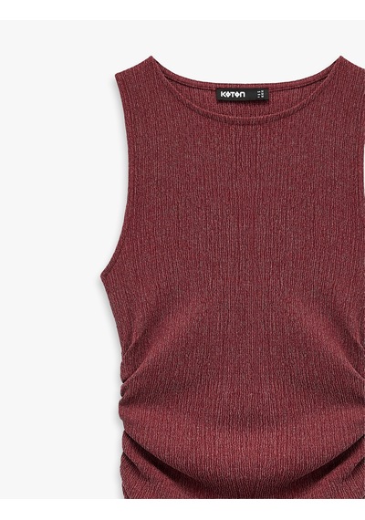 Koton Bürümcük Kumaş Drape Detaylı Bisiklet Yaka Uzun Kalem Elbise Bordo 6sak80205ek