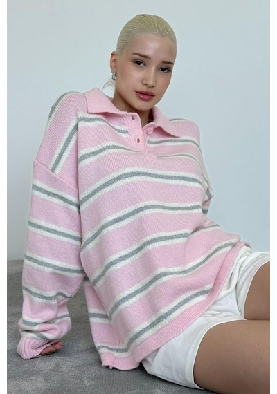 Madmext Pembe Polo Yaka Çizgili Kadın Triko Kazak Mg2469 Pembe