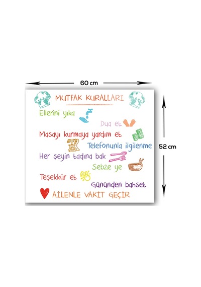 Decorita Renkli Mutfak Kuralları Cam Ocak Arkası Beyaz 52x60cm