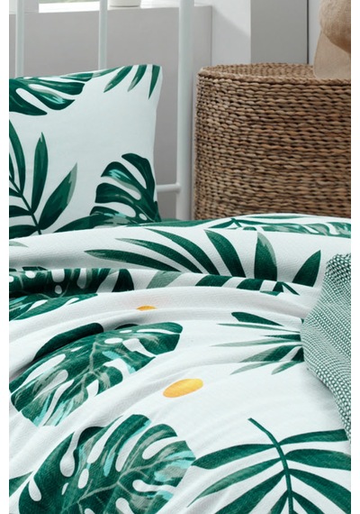 Tek Kişilik Baskılı Pike Takımı Monstera Yeşil Yeşil