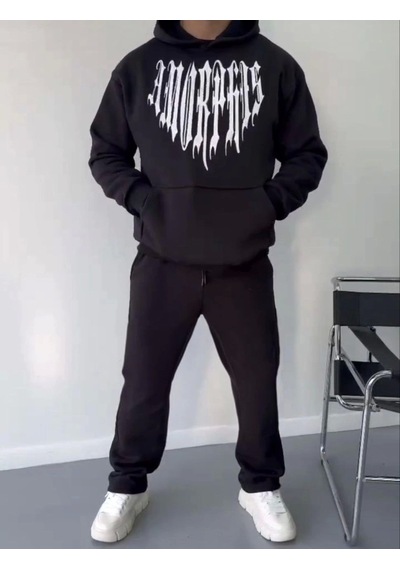Efnaz Style Uzun Kol Kapşonlu Baskılı Sweatshirt - Siyah