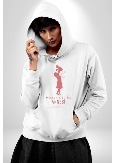 Anneler Günü Dünyanın En İyi Annesi Kadın Erkek Beyaz Kapüşonlu Sweatshirt Hoodie Beyaz