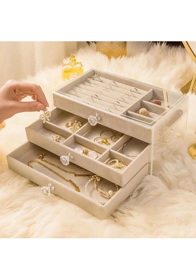 Üç Katlı Çekmeceli Takı Kozmetik Organizer Krem Diğer